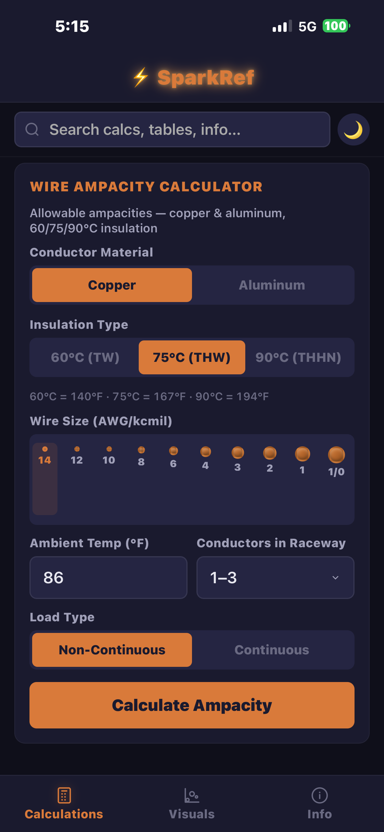 Wire ampacity calculator with copper aluminum 60 75 90 degree celsius insulation ambient temperature and raceway derating