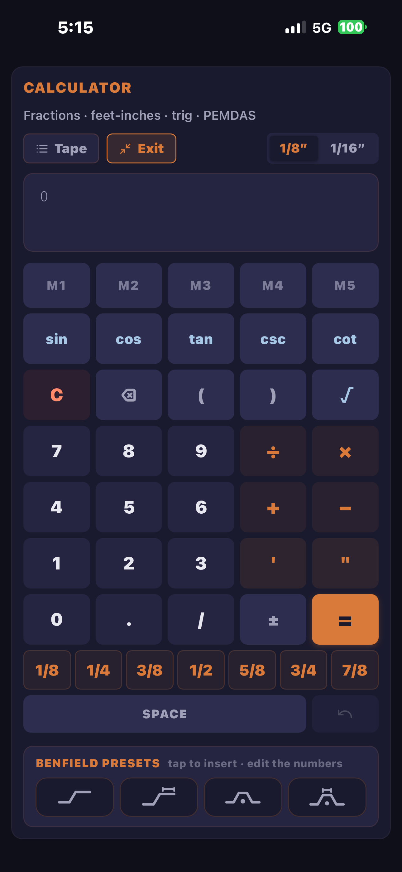 Trade calculator with feet inches fractions trigonometry and Benfield bend presets
