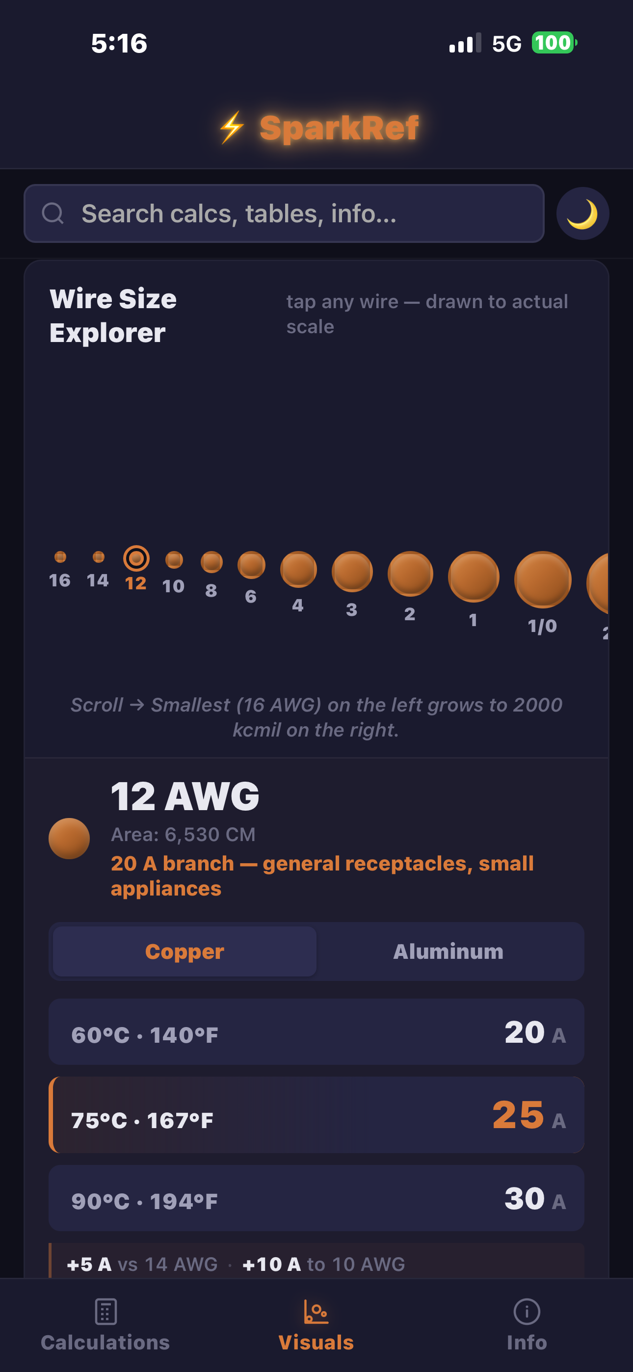 Wire size explorer showing every conductor from 16 AWG to 1000 kcmil drawn to actual scale